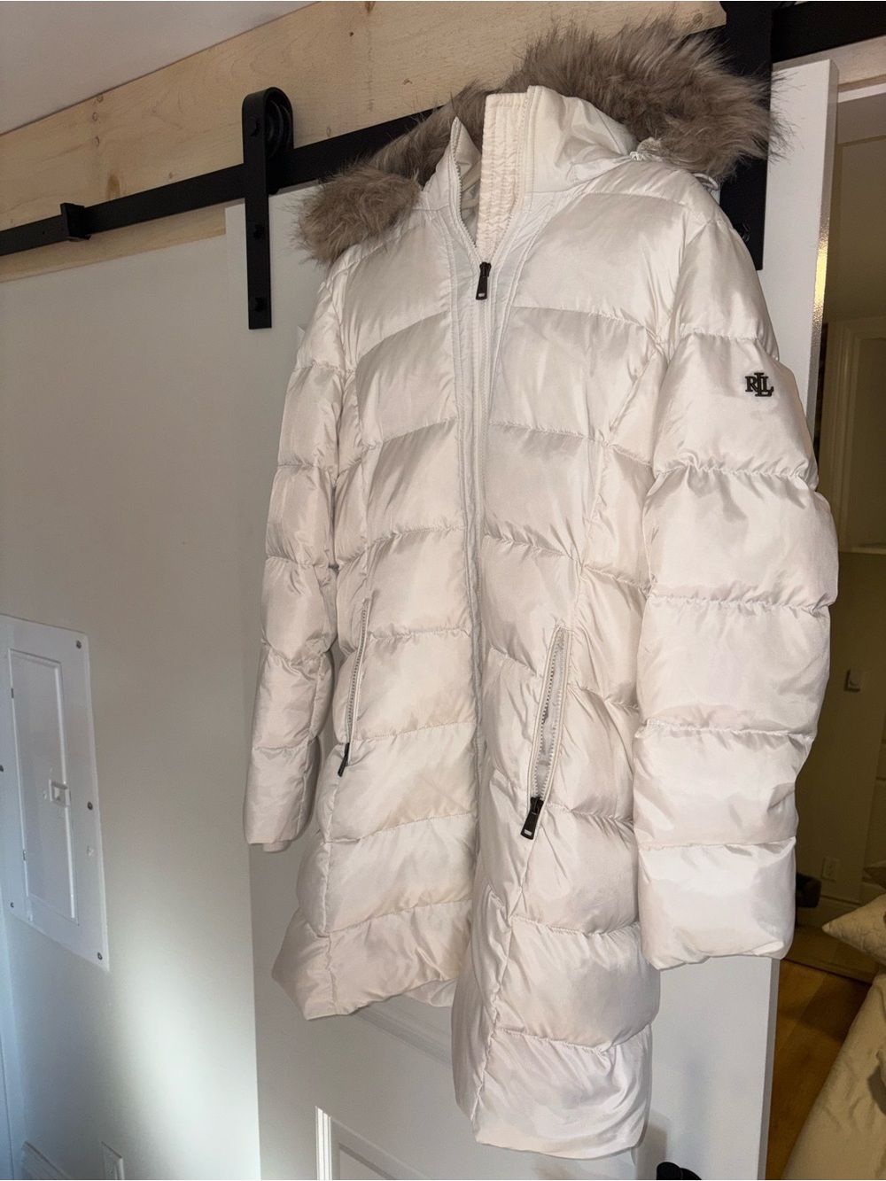 Ralph Lauren Cream-White Quilted Down Puffer Coat with Faux-Fur Trim Hood